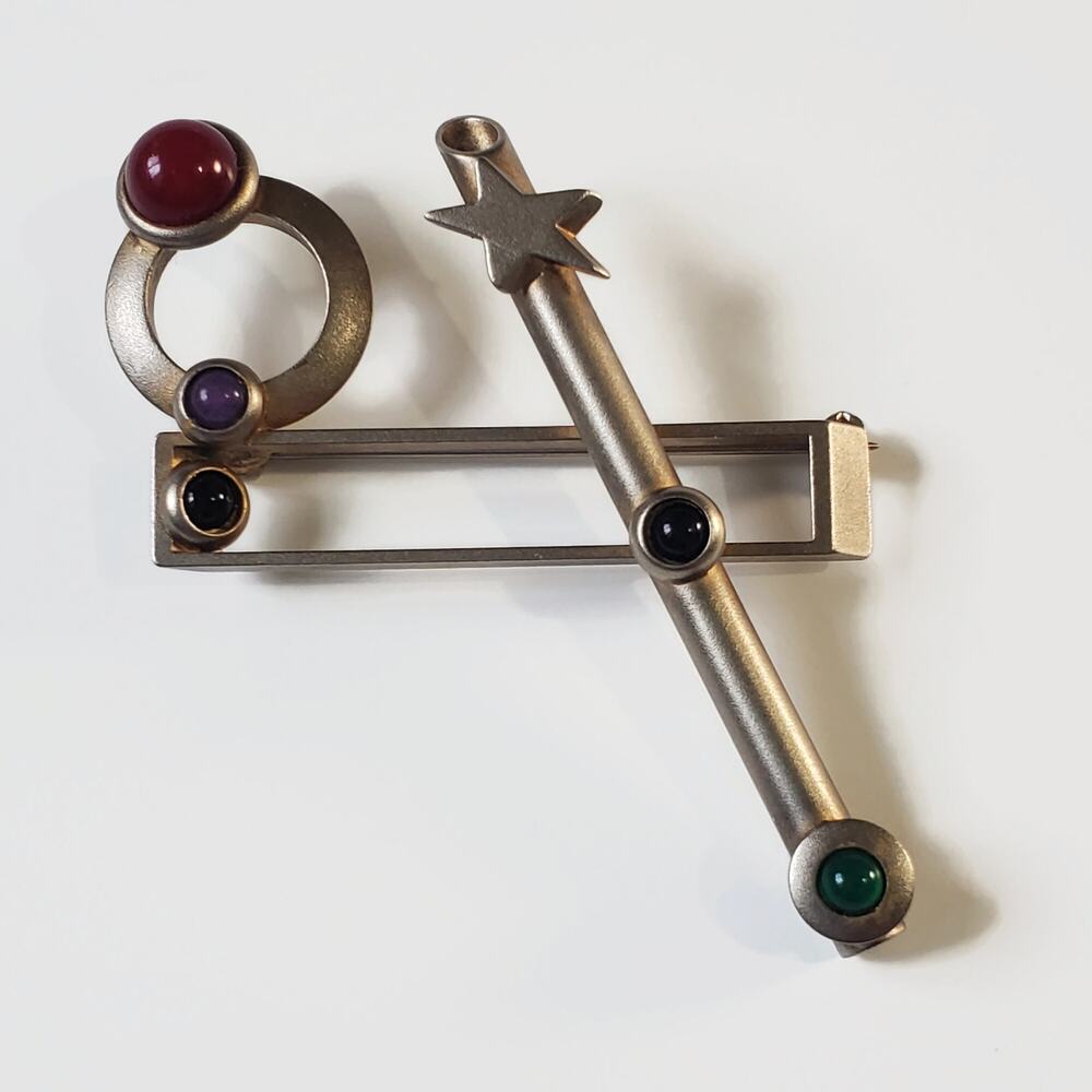 Vintage G.N. Buonanno Modernist Gemstone Black Onyx Carnelian Brooch Pin